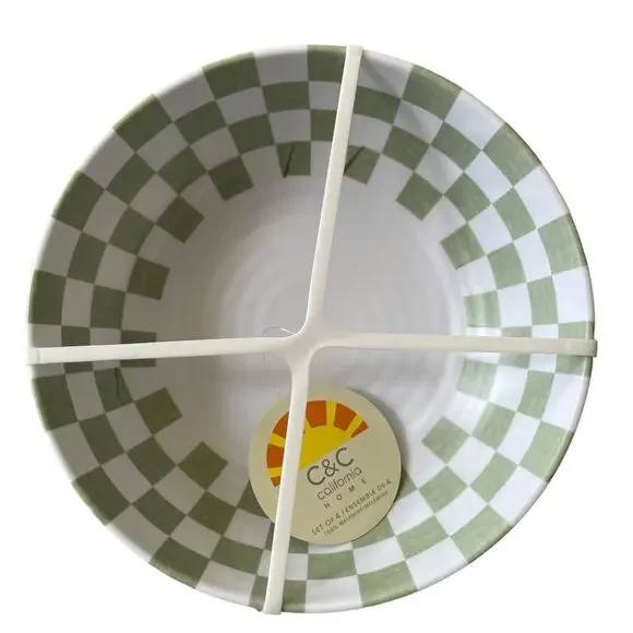 C&C CALIFORNIA HOME Checkered Sage Green White Melamine 8" Salad Bowl Set of 4
